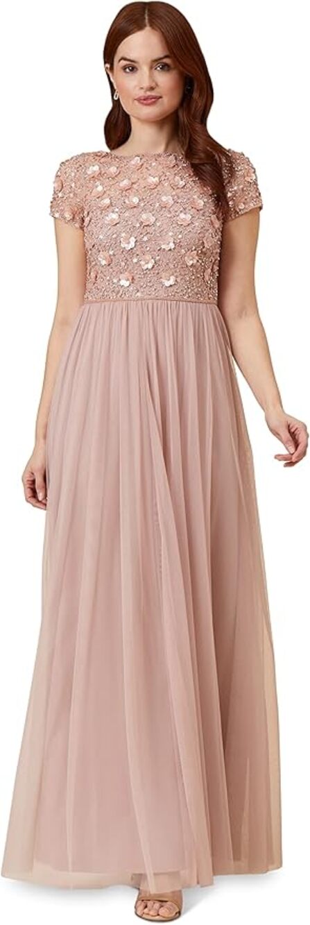 NWT Adrianna Papell Rose Colored Floral Beaded Top with Tulle Skirt Size 4